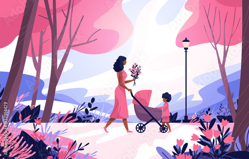Mother's Day mom with stroller child flowers walking in pink spring park landscape modern flat style web banner