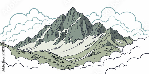A majestic mountain peak with a rugged terrain and a cloudy sky overhead Vector