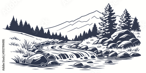 A serene landscape of a river flowing through a forest with mountains in the background Vector