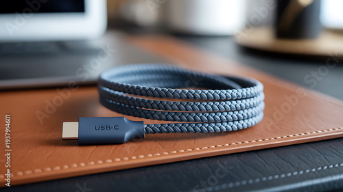 Braided USBC charging cable neatly coiled on a textured desk surface in closeup