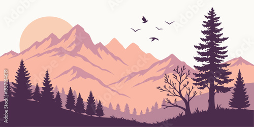 A serene mountain landscape with trees and birds in a peaceful natural setting. Vector