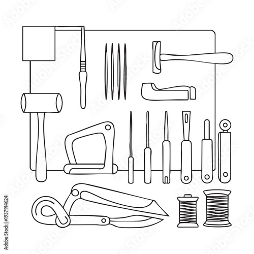 Set of sewing and crafting tools in a line sewing tools scissors needle thread