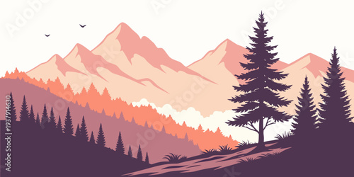 Majestic mountains adorned with lush green trees under a soft pink sky Vector