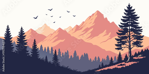 Majestic mountains and trees under a colorful sky at sunset Vector