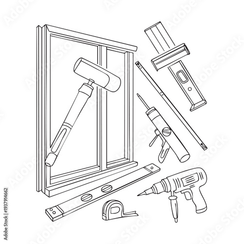 Set of tools for window installation and maintenance including roller, squeegee, level, tape measure, and drill