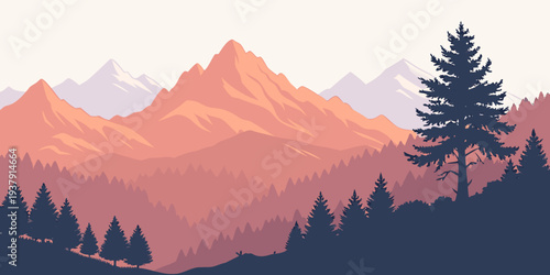 Majestic mountains with a vibrant sunset and a lone pine tree in the foreground Vector