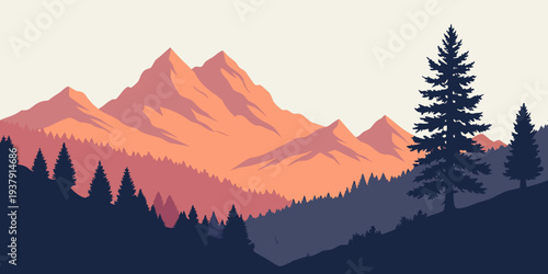 Majestic mountains at sunrise with a serene forest in the foreground Vector