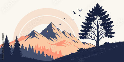 Silhouettes of trees and mountains with a vibrant sunset sky in the background Vector