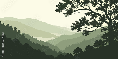A serene mountain landscape with a dense forest under a cloudy sky. Vector