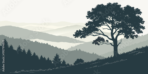 A solitary tree stands tall on a hill overlooking a vast, serene landscape Vector
