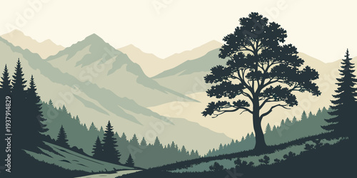 A majestic tree stands tall against a backdrop of misty mountains and a serene, cloudy sky. Vector