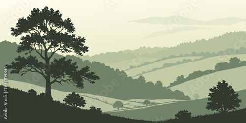 A serene landscape of rolling hills and distant mountains under a clear sky Vector