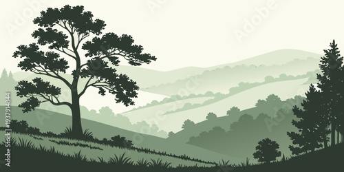 A serene landscape with a single tree standing tall on a hill overlooking a vast green valley Vector