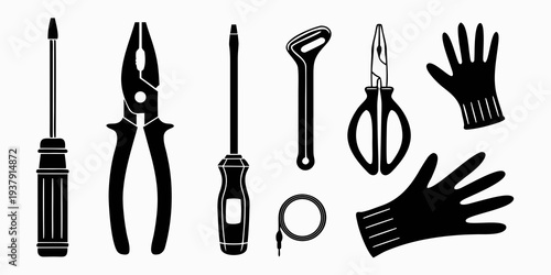 Assorted tools and equipment for various tasks and safety measures. Vector