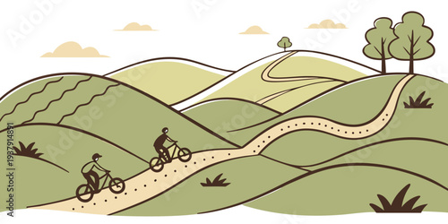 A picturesque countryside scene with rolling hills and a winding road. Vector
