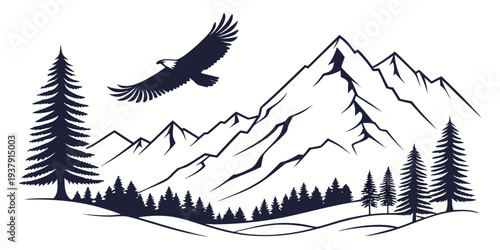 Majestic eagle soaring over a serene mountain landscape with dense forest Vector