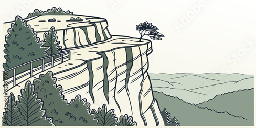Ancient ruins overlooking a vast landscape from a cliffside Vector