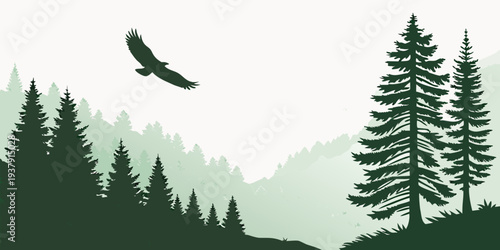 A majestic eagle soaring over a lush green forest with snow-capped mountains in the background Vector