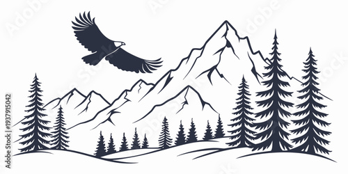 A majestic eagle soaring over a serene mountain landscape with pine trees Vector