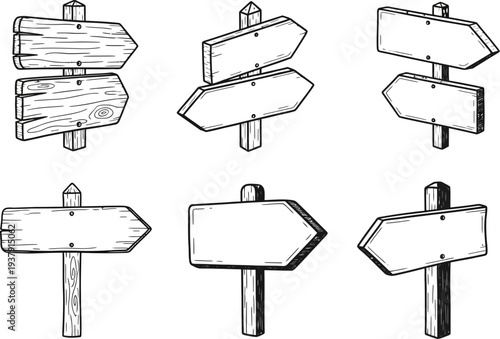 Set of Rustic Wooden Direction Signs for Outdoor Navigation