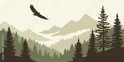 A majestic eagle soaring over a serene mountain landscape with dense forest Vector