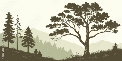 A majestic tree stands tall amidst a serene forest landscape with distant mountains Vector