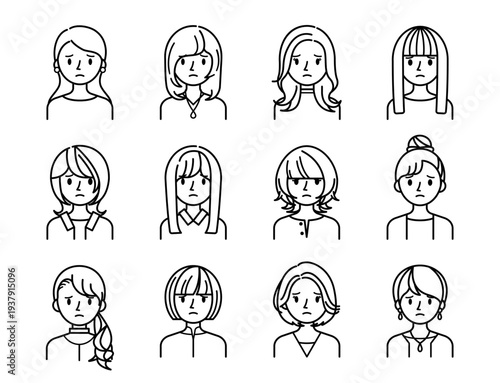 ベクターイラスト素材：困ったり悩んだりしている若い女性の上半身アイコンセット