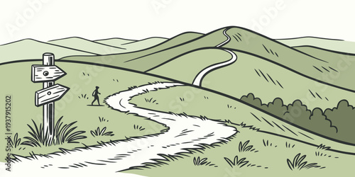 A winding road leads through a lush green valley with rolling hills in the background. Vector