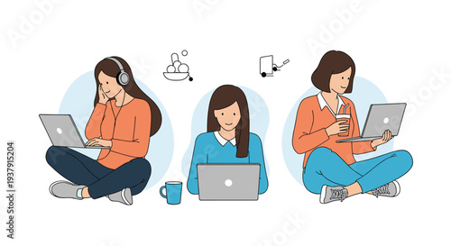 Three women are shown in different casual poses while focused on working or studying on their laptop computers with coffee and snacks.