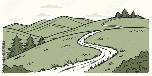 A serene landscape of rolling hills and a winding river in a lush green valley Vector