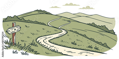 A picturesque landscape of rolling hills and lush greenery under a clear sky. Vector