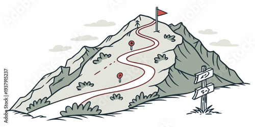 A detailed illustration of a mountain with a winding path leading to the summit Vector