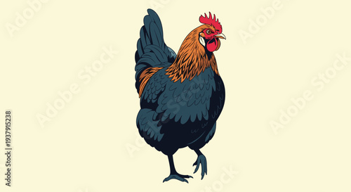 Proud rooster with black, orange, and brown plumage is depicted in a detailed illustration against a light cream background.