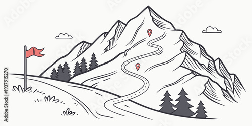 A scenic illustration of a mountain landscape with a winding path and a flag. Vector