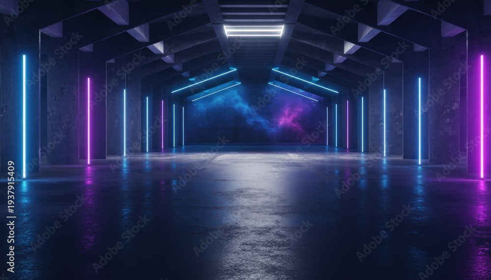 Fototapeta premium Modern futuristic neon corridor with vibrant purple and blue lighting abstract digital background