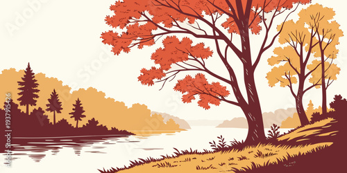 A serene autumn landscape with vibrant trees and a calm body of water. Vector