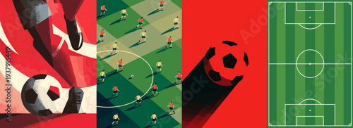 Modern football vector poster collection featuring soccer players, ball action and green stadium field layout. Dynamic sport illustration set for tournament design, championship promotion and team com
