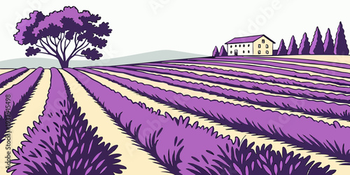A vast expanse of purple flowers stretches out under a clear blue sky. Vector