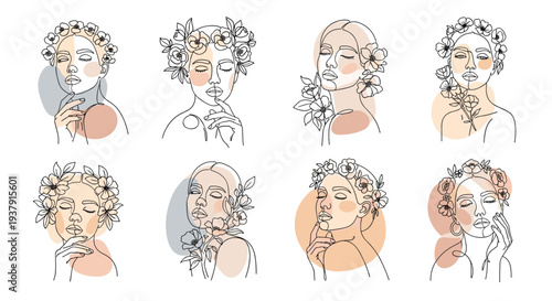 Collection of minimalist line art portraits of women with flowers in their hair and accented by soft abstract color shapes in earth tones.
