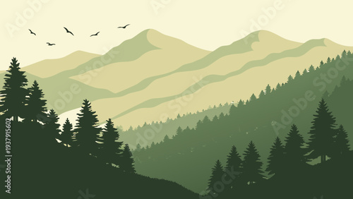 A serene landscape of green mountains and trees under a clear sky Vector