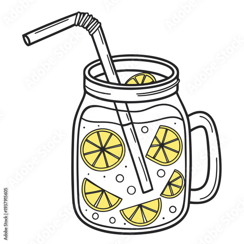 A refreshing glass jar filled with lemon slices and a straw Vector