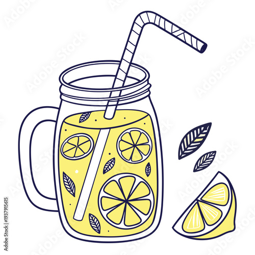 A refreshing pitcher of lemonade with lemon slices and a straw Vector