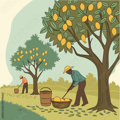 Farmers harvesting oranges under a large fruit-bearing tree in an orchard Vector