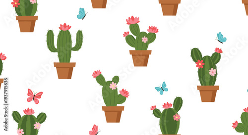 Whimsical seamless pattern of green cacti in brown pots decorated with pink flowers and colorful butterflies on a bright white background.