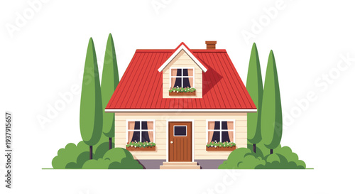 Charming flat illustration of a two story suburban house with a bright red roof surrounded by tall green trees and manicured garden bushes.