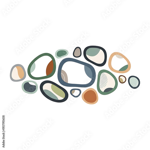 Assortment of abstract organic blobs and shapes with subtle textures in earthy, muted tones, modern abstract background