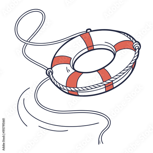 A red and white life preserver ring with a rope attached, floating in water Vector