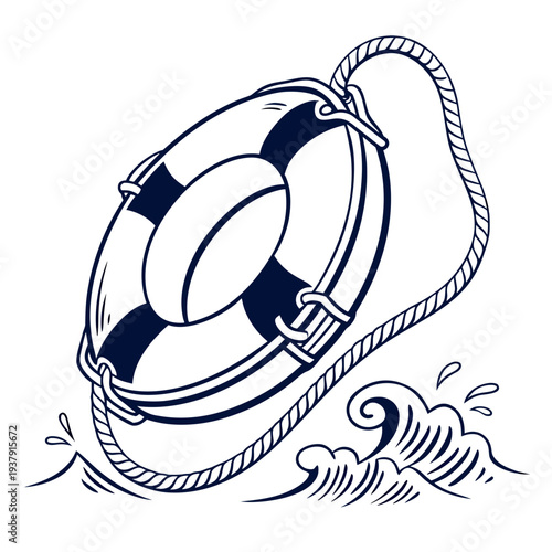 A vintage illustration of a life preserver ring tied with a ribbon. Vector