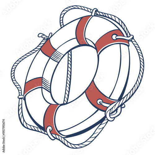 A life preserver ring with red and white stripes floating on water Vector