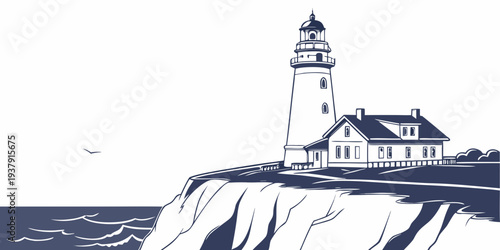 A serene lighthouse standing tall on a rugged cliff overlooking the vast ocean. Vector